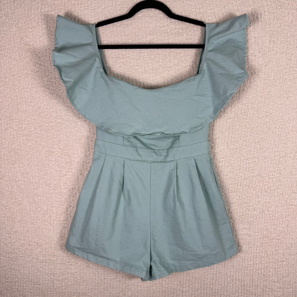 Denim by Flying Tomato Sage Green Ruffle Off Shoulder Romper Womens M Feminine
